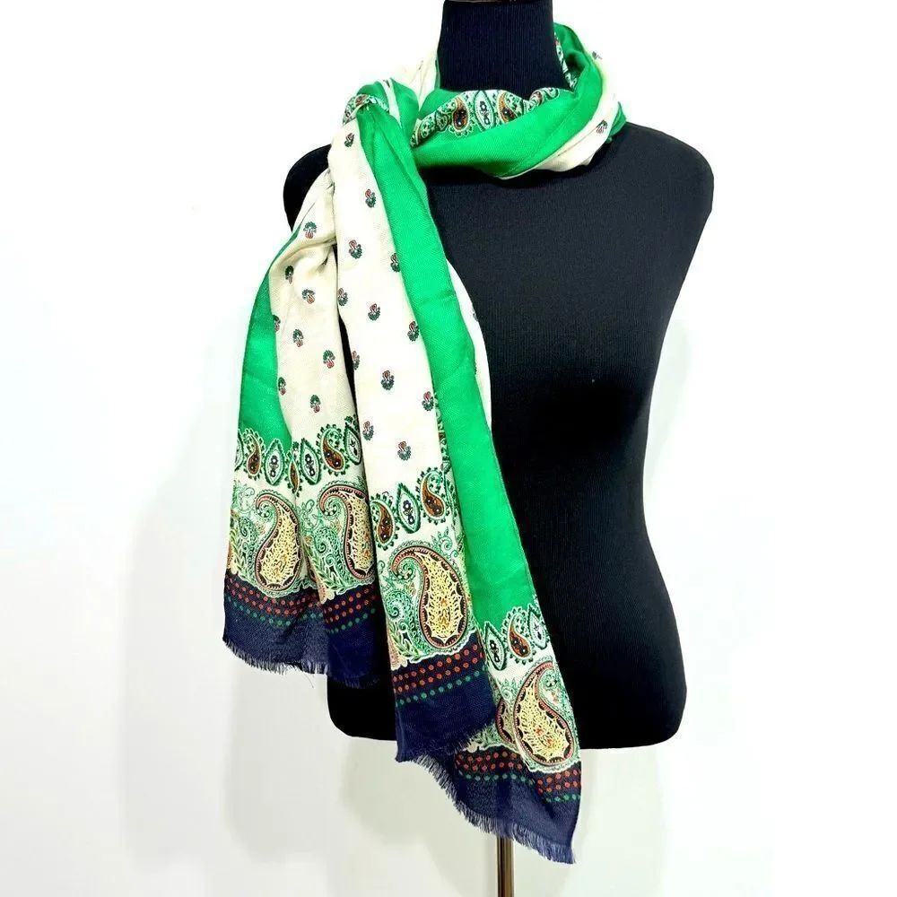 Talbots Cream Fleur Blue Green Paisley Edged Preppy Shawl Wrap Scarf